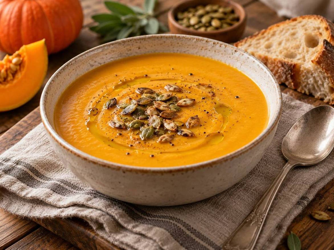 Crema de calabaza y zanahoria casera con pipas de calabaza tostadas